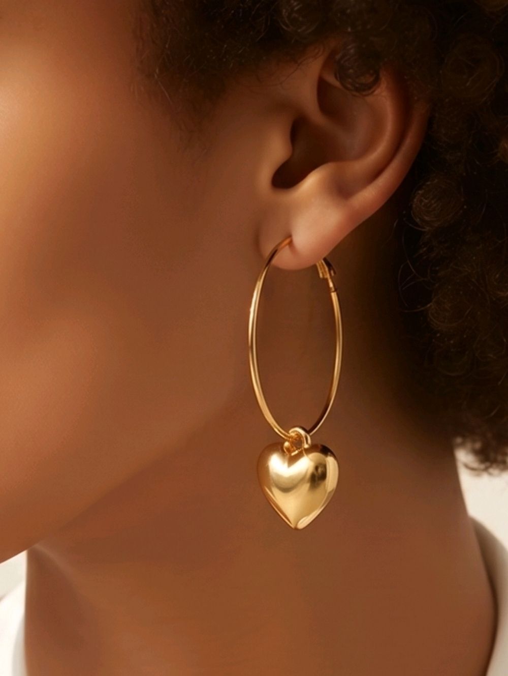 Gold Hoop Earrings Heart Charm 40mm Thin Hoops Leverback 18K Stainless Steel